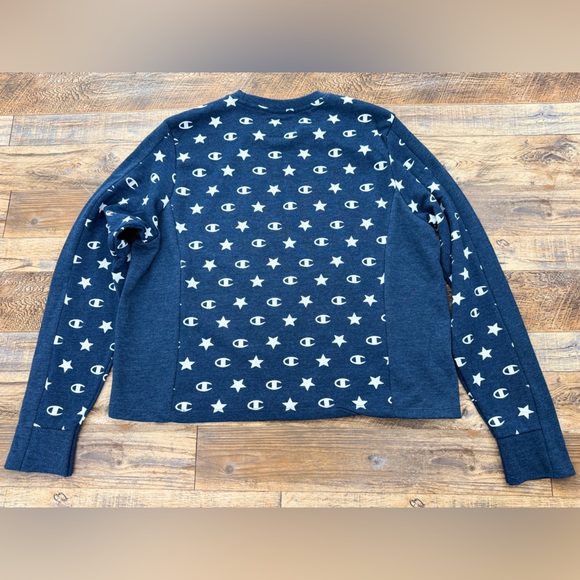 Champion Women's Blue All Over Stars and Logo Long Sleeve Pullover Tee, Size L - Picture 9 of 9